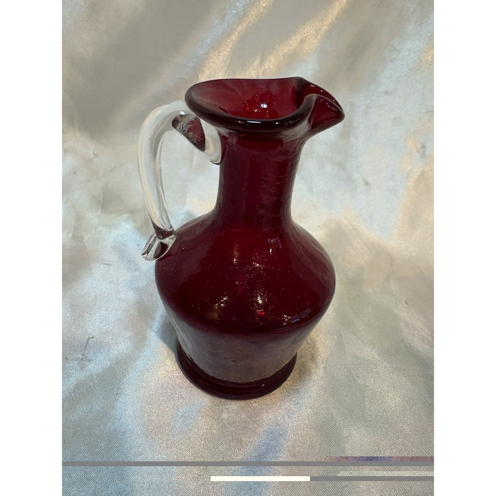 Vtg Hand Blown Ruby Red Glass Mini Pitcher With Clear Glass Handle